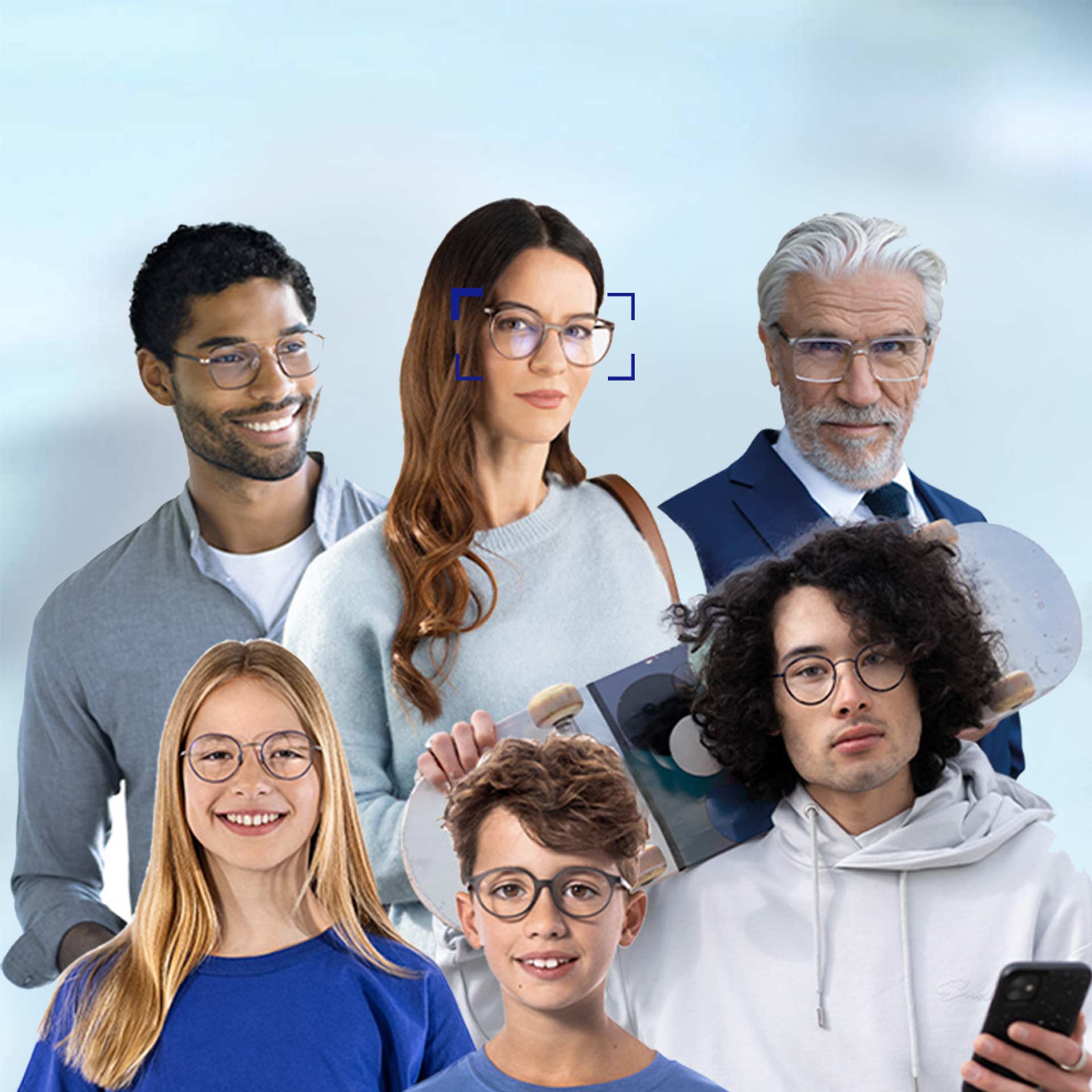 Lidé různého věku v brýlových čočkách SmartLife
