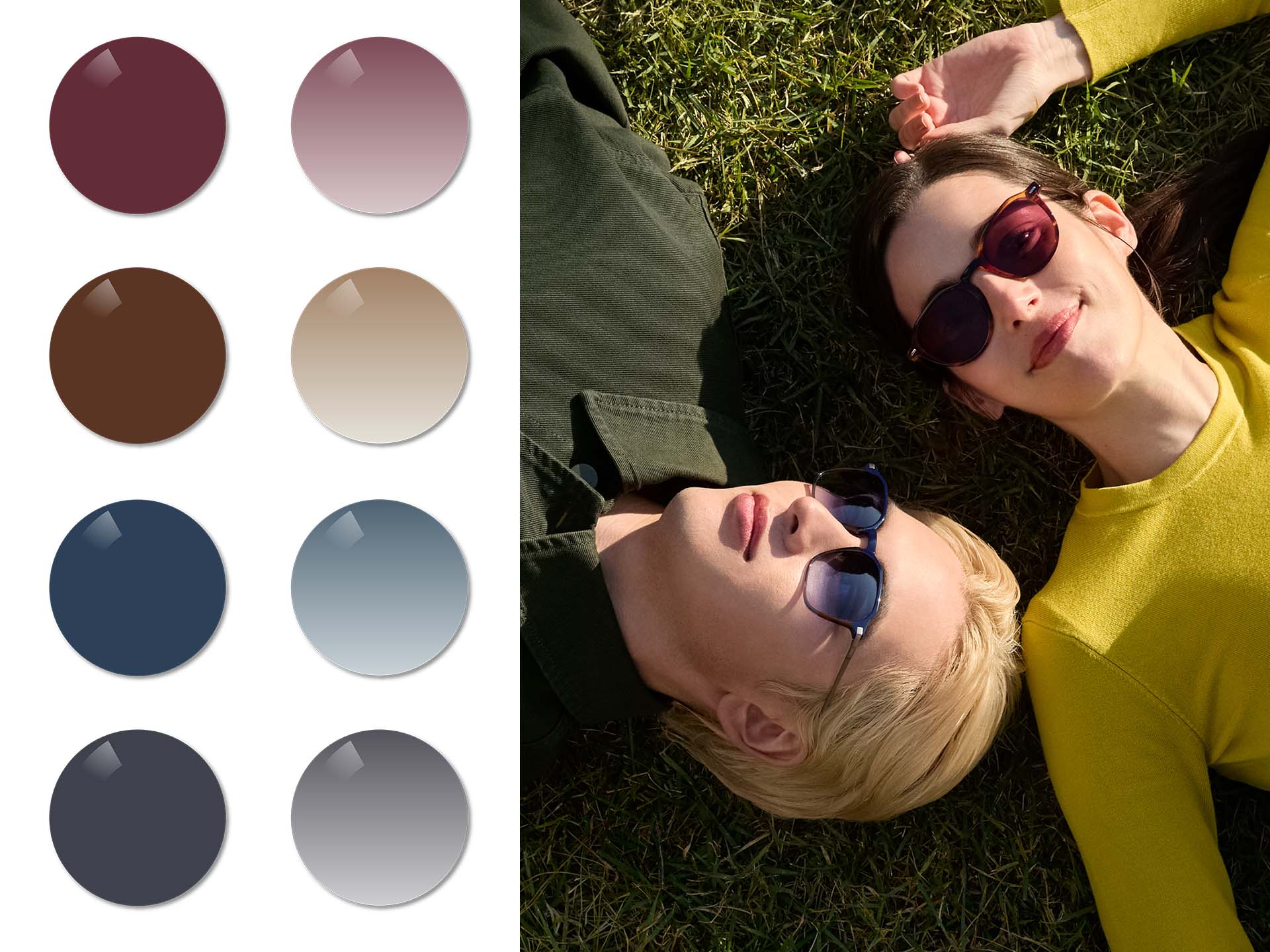 Muž se slunečními brýlovými čočkami na předpis ZEISS Sun Rx v přechodovém odstínu temně modré a žena s dioptrickými slunečními brýlovými čočkami ZEISS v celoplošné vínové barvě leží v trávě. Dále jsou představeny barvy vínové, měděné hnědé, temně modré a tlumené šedé, a to jak v celoplošném zabarvení, tak i s přechodovým efektem.
