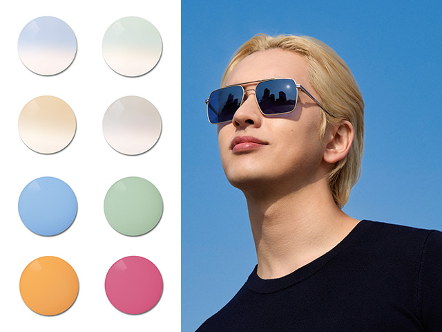 Mladý muž se dioptrickými slunečními brýlovými čočkami ZEISS Sun Rx v celoplošné modré barvě. Poté jsou zobrazeny speciální barvy, od pastelových přechodů až po výrazné a syté celoplošné tóny.