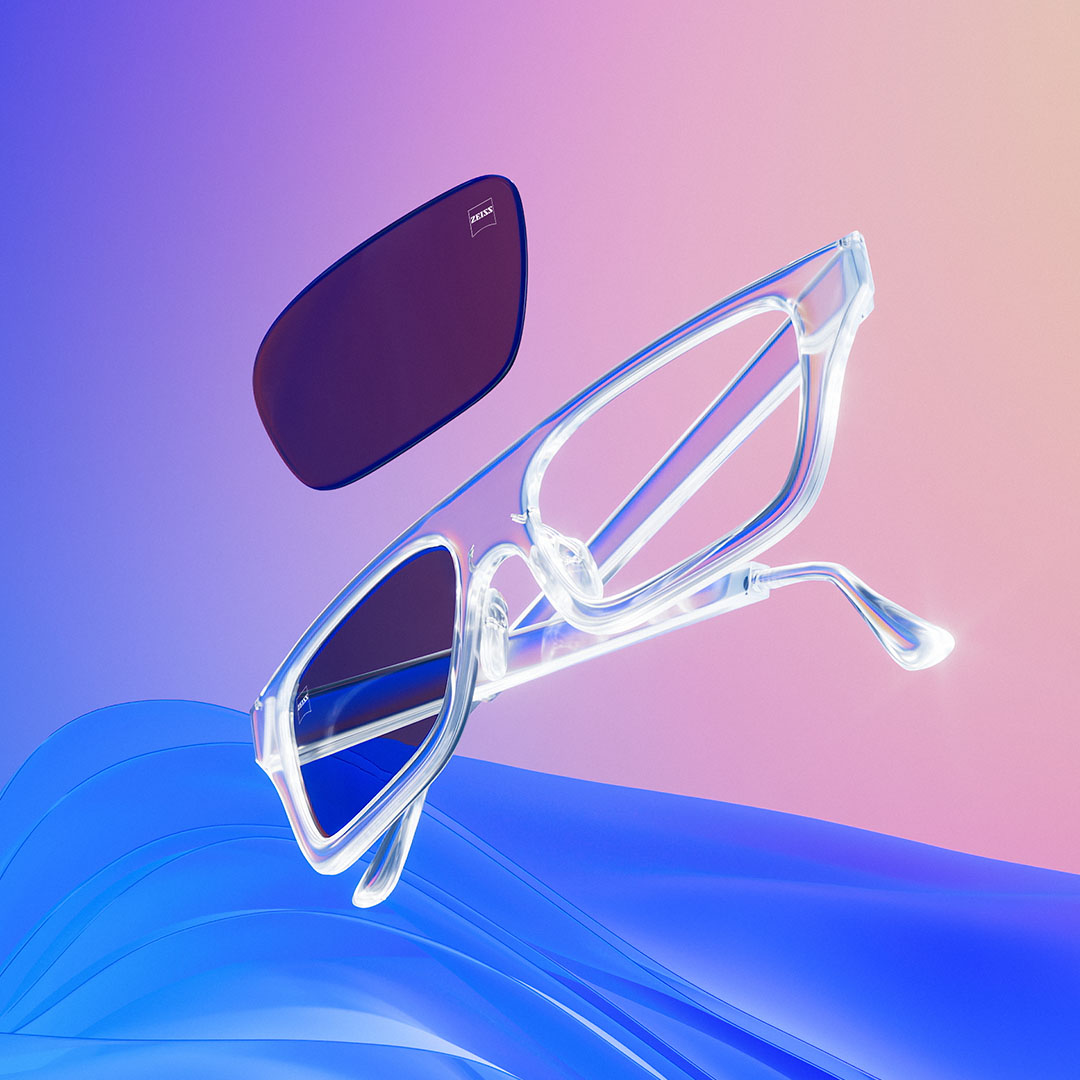 3D CGI ilustrace průhledné obruby brýlí s tónovanými brýlovými čočkami.