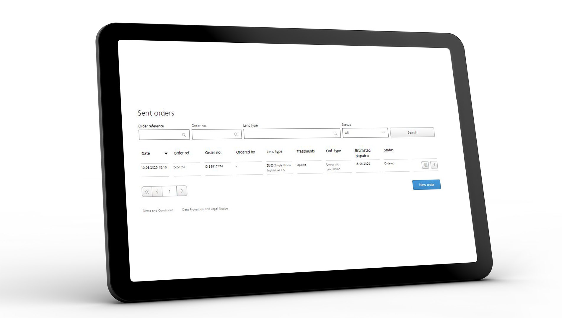 Obrazovka tabletu zobrazující rozhraní ZEISS VISUSTORE pro odeslané objednávky. 