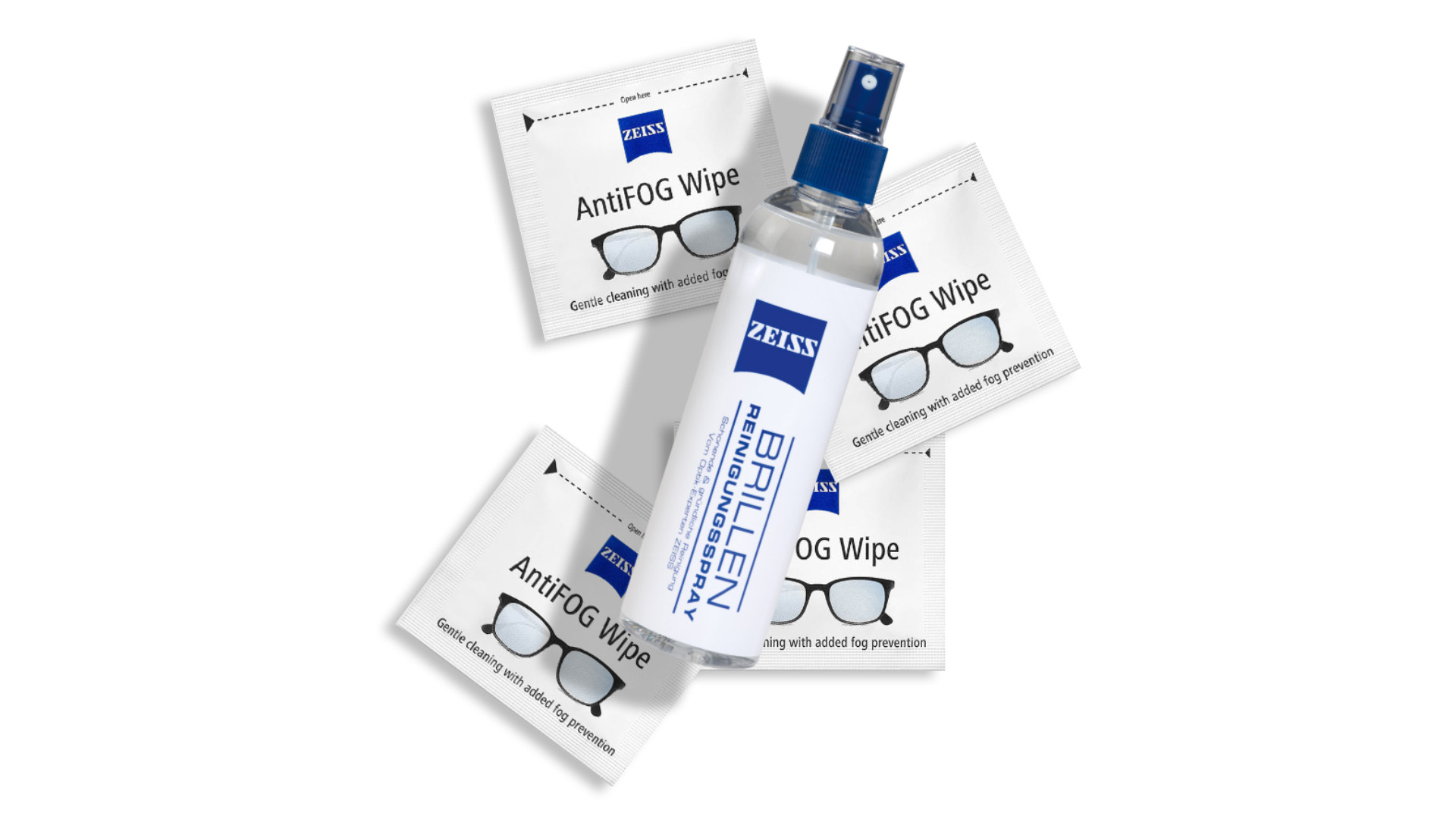 Snímek vlhčených ubrousků a spreje na čočky ZEISS.