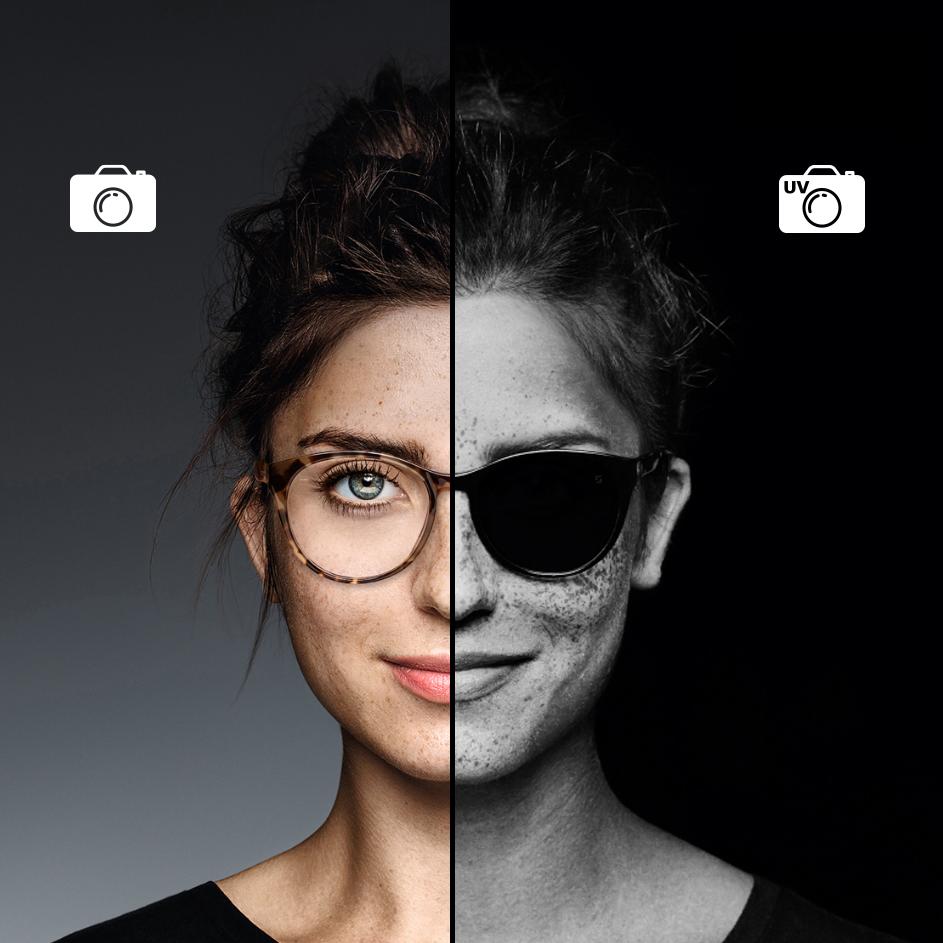 Pohled z blízka na ženu v brýlích vybavených technologií ZEISS UVProtect. Polovina snímku byla pořízena normálním fotoaparátem a druhá polovina UV fotoaparátem. UV snímek ukazuje, že čiré čočky ZEISS jsou při blokování škodlivých UV paprsků stejně účinné jako sluneční brýle.