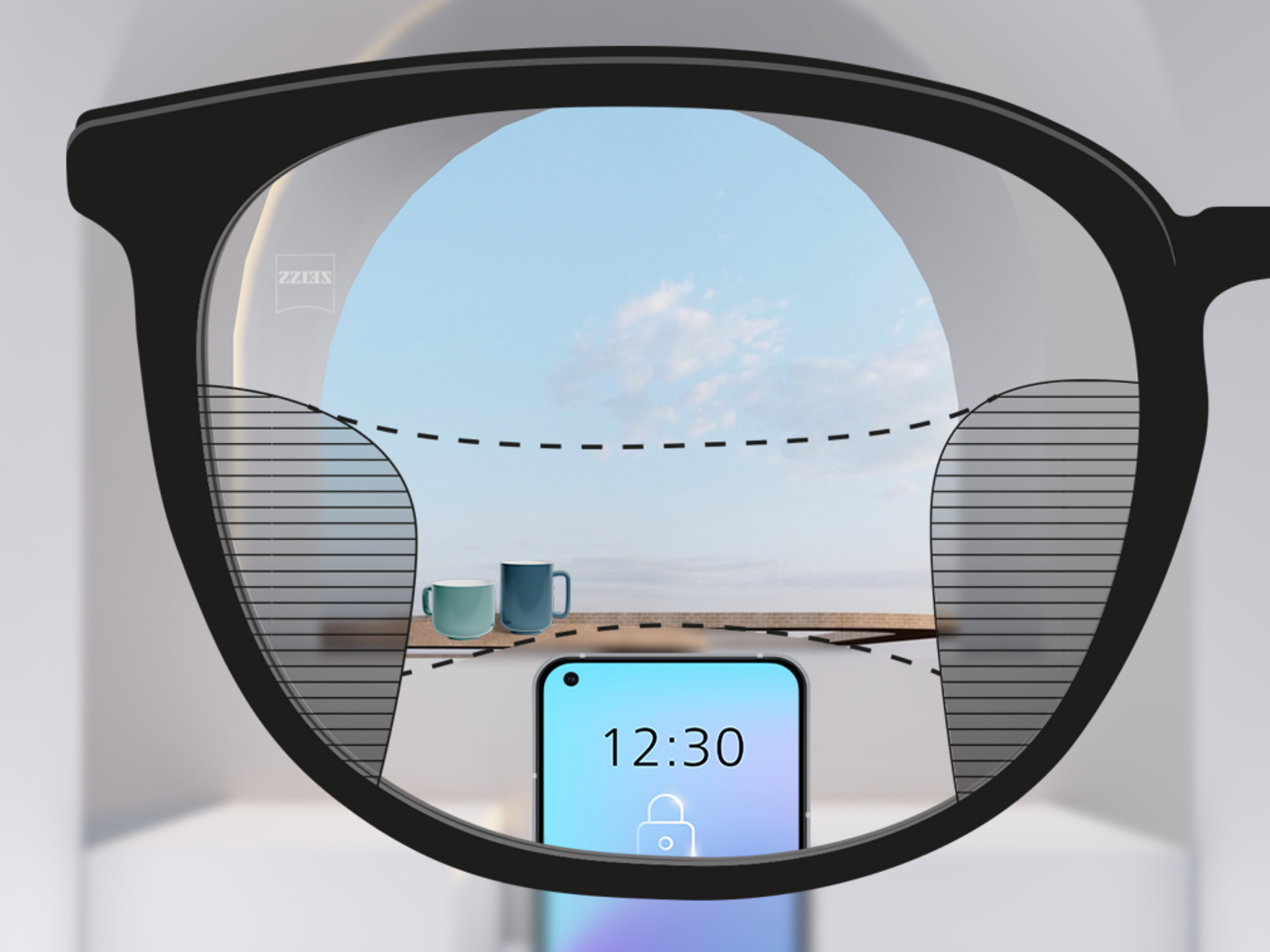Obrázek zorného pole přes progresivní čočky ZEISS SmartLife: rozmazané oblasti na levé a pravé straně čočky jsou malé, což umožňuje velké zóny ostrého vidění.