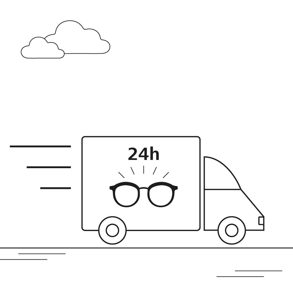 Ilustrace dodávky, která doručuje brýlové čočky.