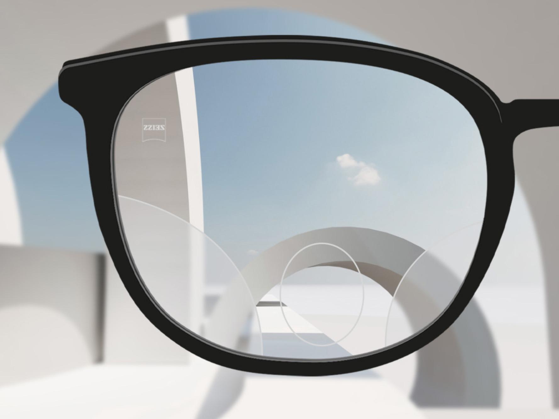Schématický nákres designu brýlových čoček ZEISS MyoKids: horní polovina čoček přináší podporu vidění na dálku a spodní polovina podporu vidění na blízko.