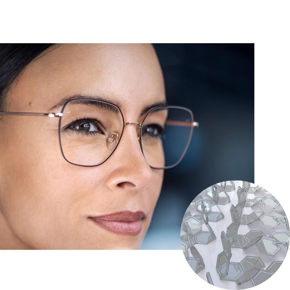 Žena v ztmavených brýlích ZEISS PhotoFusion X spolu s vizualizací ztmavené směsi molekul. 
