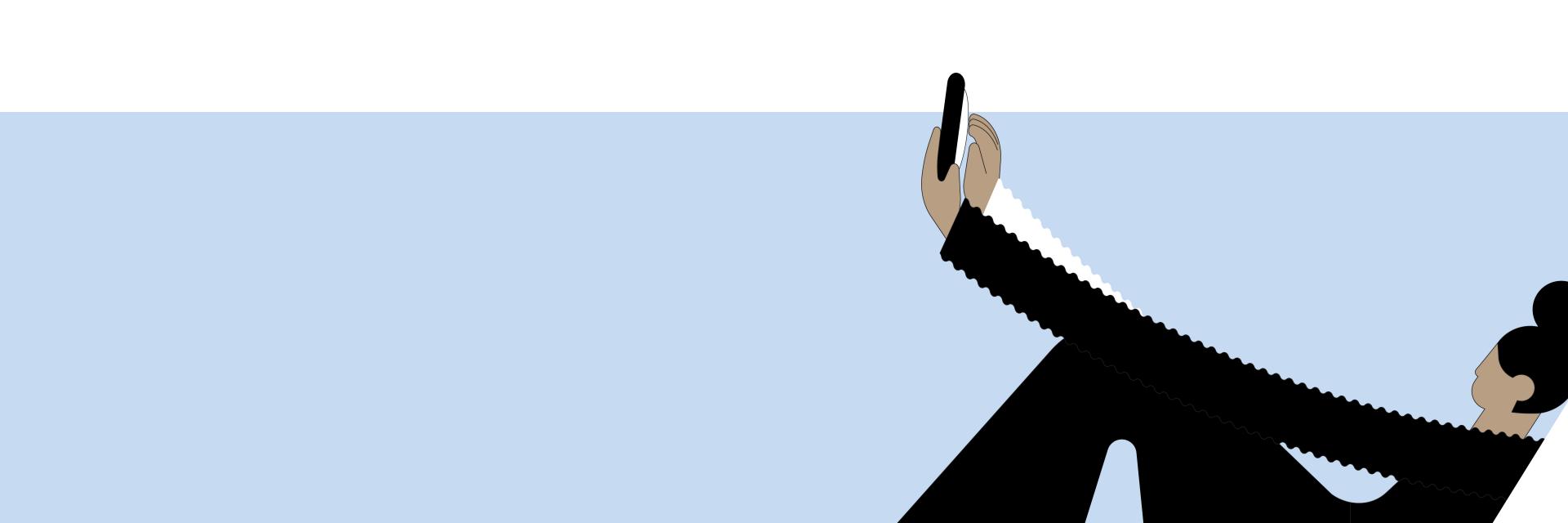 Ilustrace ženy držící chytrý telefon velmi dlouhýma rukama.