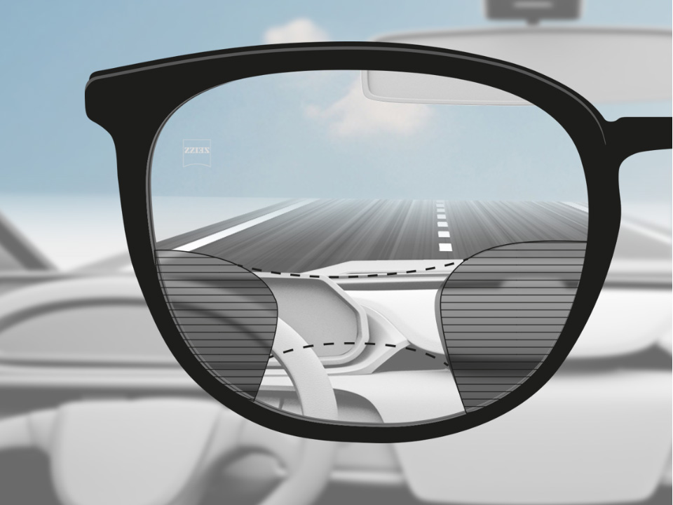 Obrázek řidiče s brýlovými čočkami ZEISS Progressive DriveSafe, přes které je ostře vidět ulice a palubní deska, nalevo a napravo jsou rozmazané plochy. 
