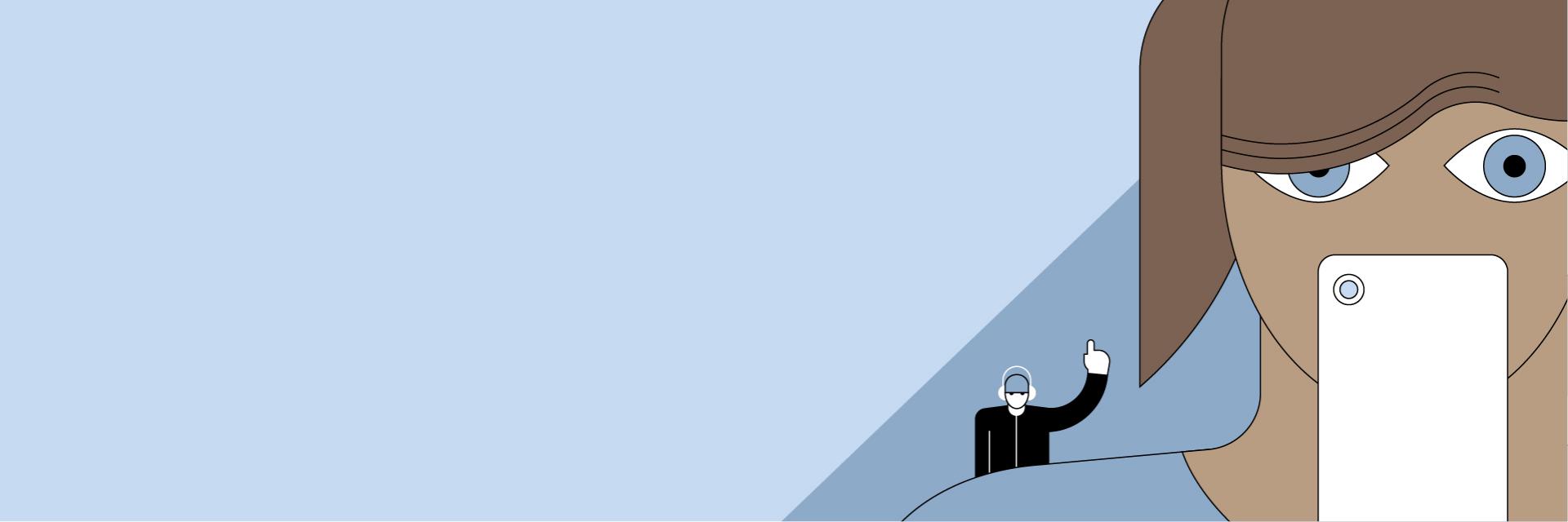 Ilustrace ženy, která drží telefon blízko obličeje, a muže se sluchátky, který je vidět v dálce se vztyčeným ukazováčkem.