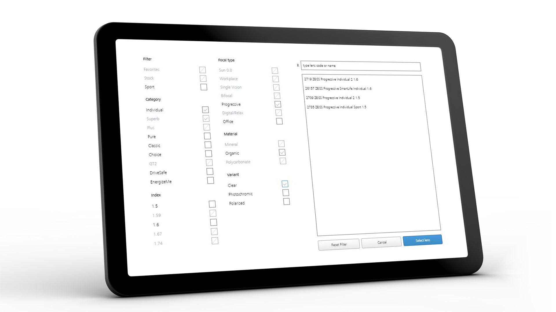 Obrazovka tabletu zobrazující rozhraní ZEISS VISUSTORE pro rady, jaké informace zadávat. 