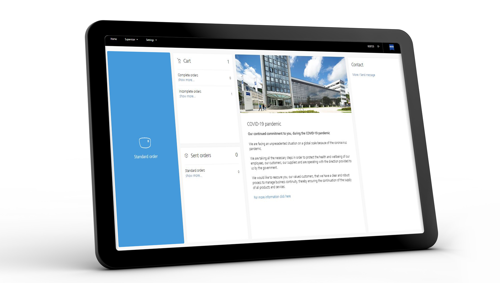 Obrazovka tabletu zobrazující rozhraní ZEISS VISUSTORE pro standardní objednávky 