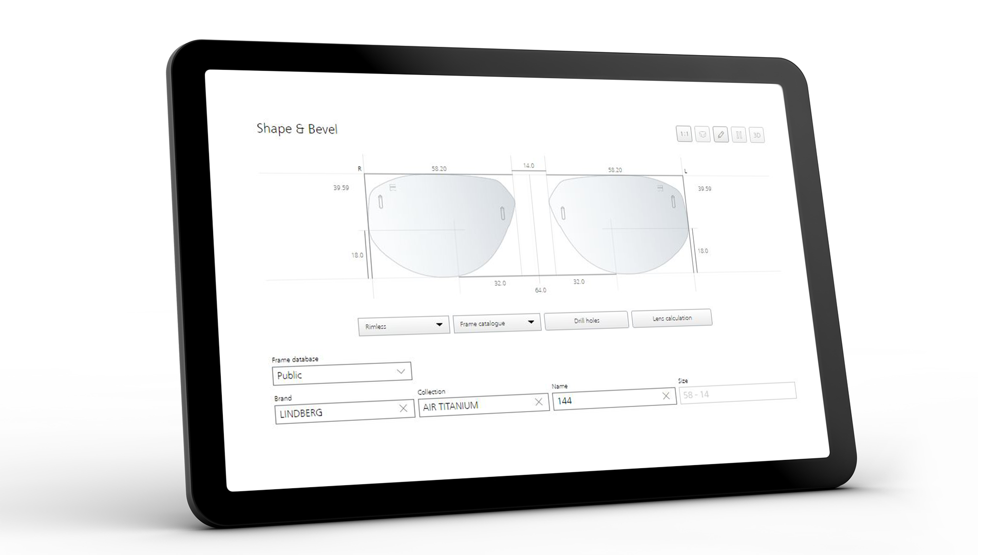Obrazovka tabletu zobrazující rozhraní ZEISS VISUSTORE pro tvar a fazetu 