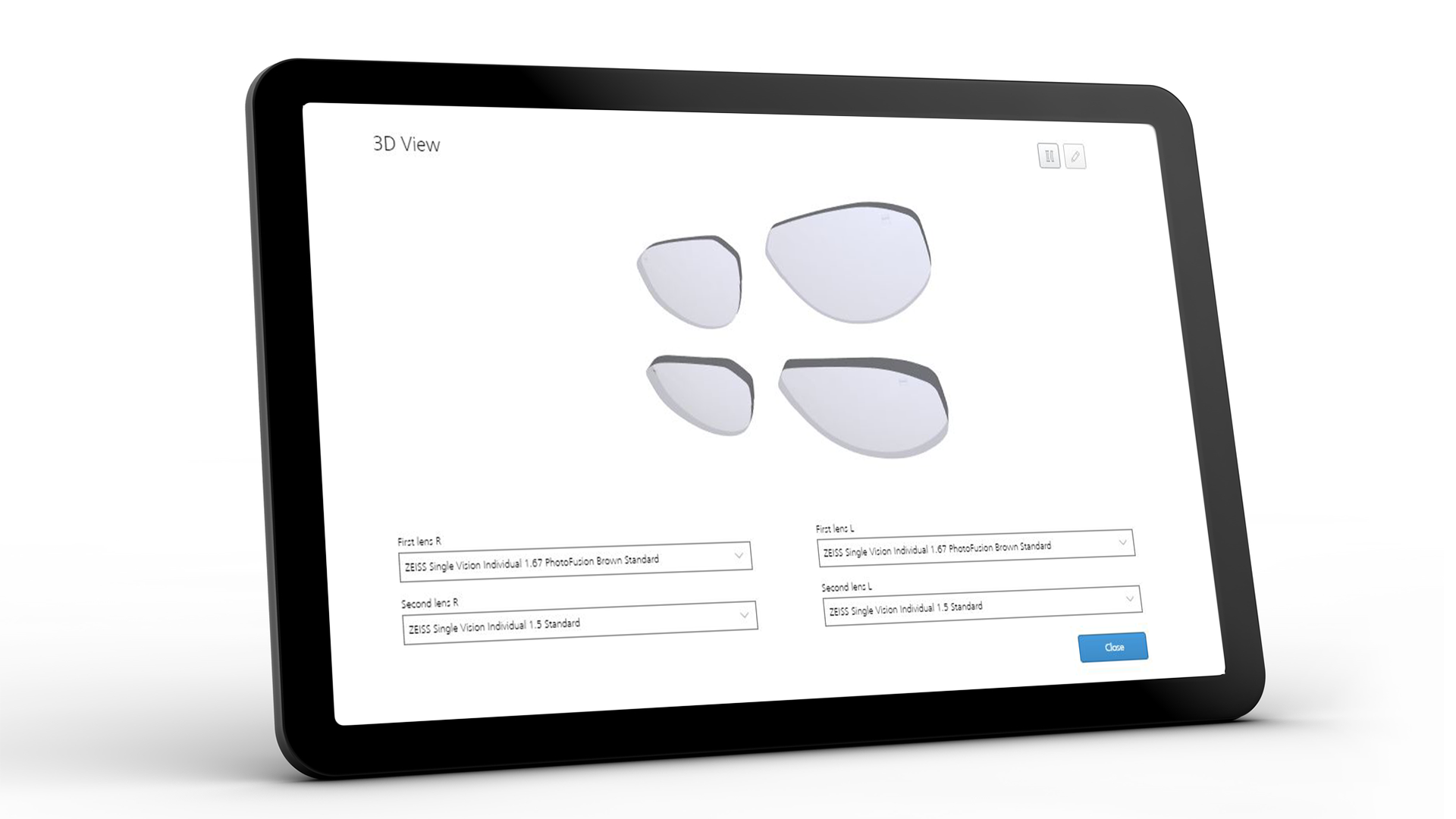 Obrazovka tabletu zobrazující rozhraní ZEISS VISUSTORE pro rady, jaké informace zadávat. 