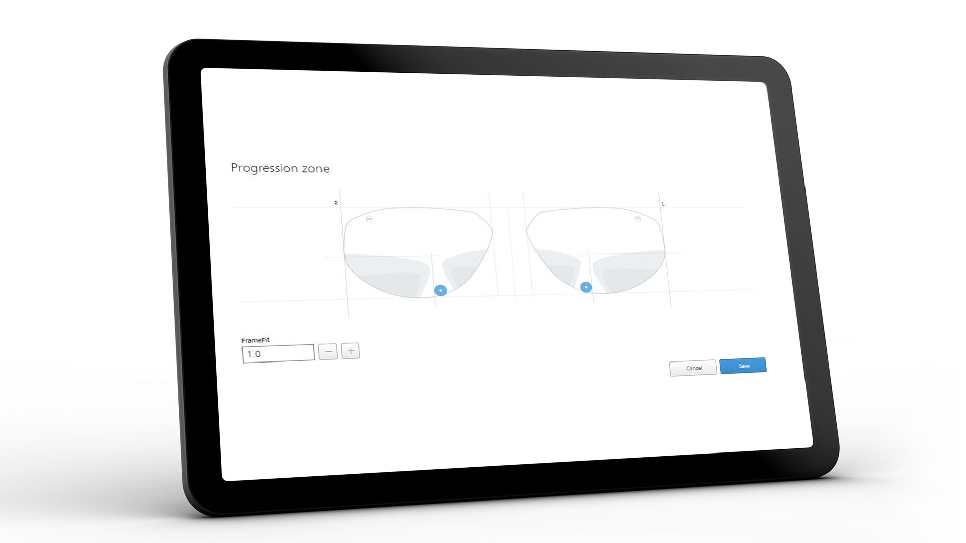 Obrazovka tabletu zobrazující rozhraní ZEISS VISUSTORE pro zónu progrese 