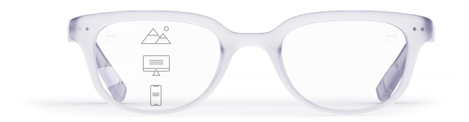 Progresivní brýlové čočky ZEISS SmartLife ve stylových průhledných obrubách s ikonkami značícími různé oblasti vidění – na blízko, na střední vzdálenost a na dálku